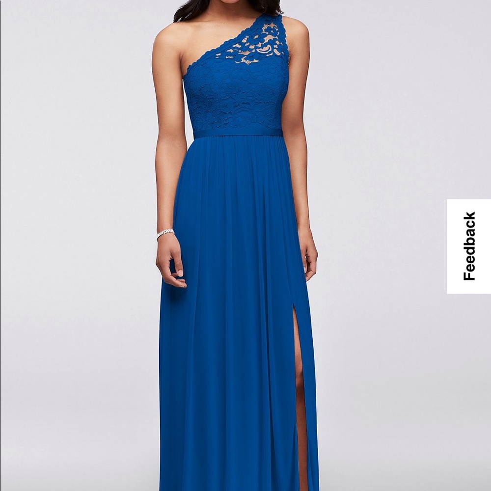 David’s Bridal One Shoulder Lace Bridesmaid dress in Horizon Blue